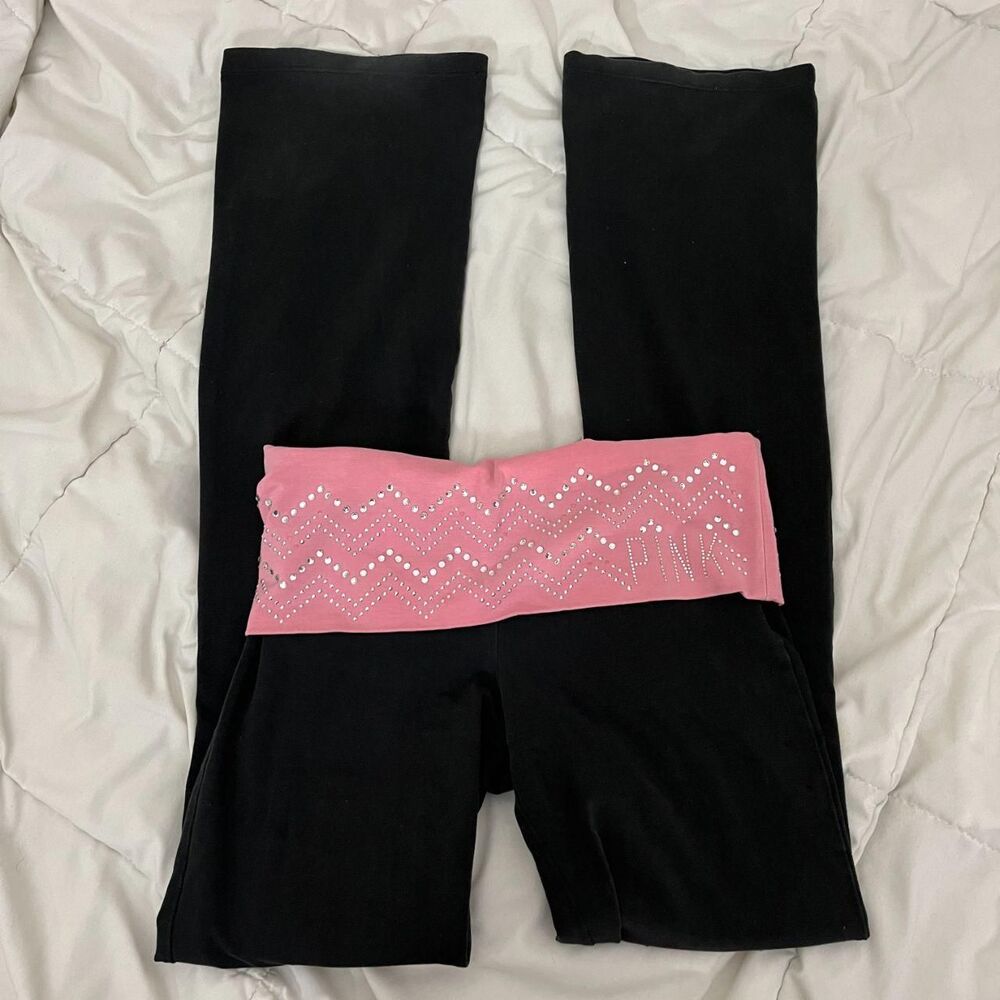 Vintage Y2K Victoria's Secret PINK Bedazzled Bling Foldover Flare Yoga Pants XS